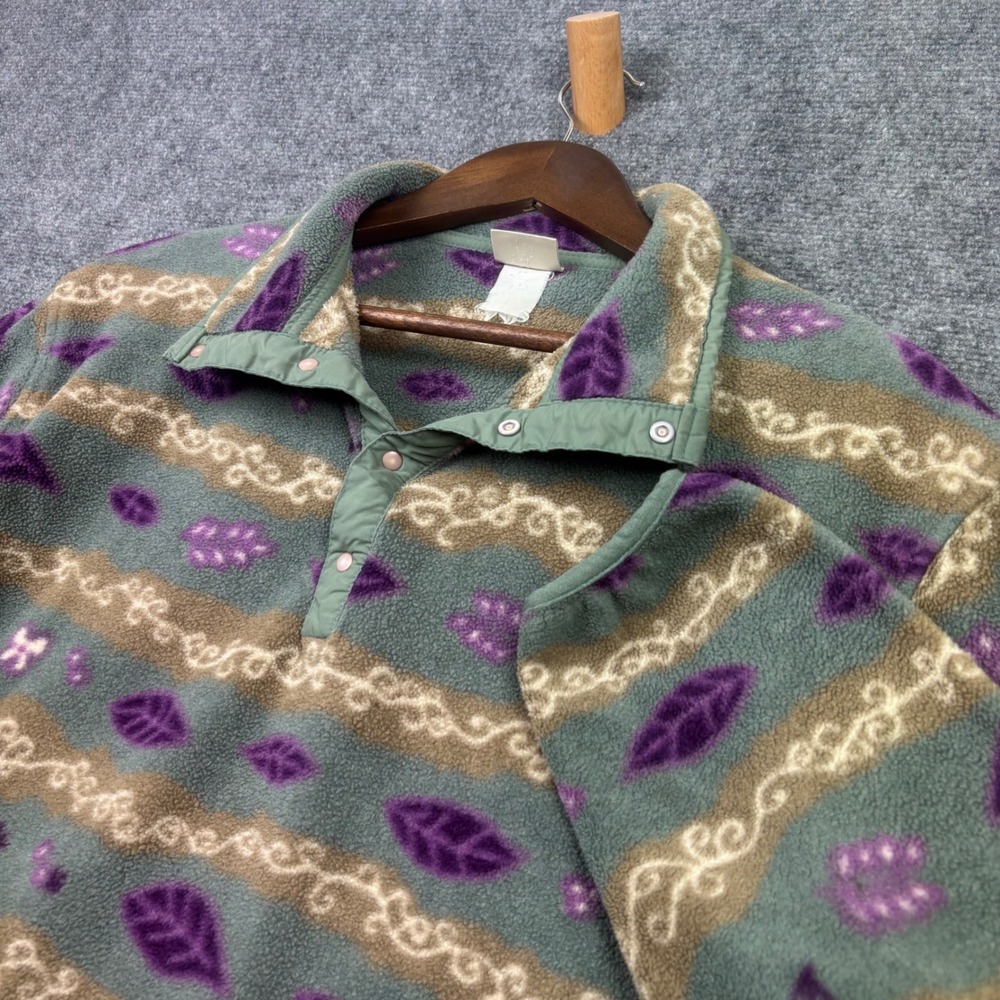 LL Bean Fleece Pullover Womens L Green Purple Leaf Print Snap T Vintage 0698
